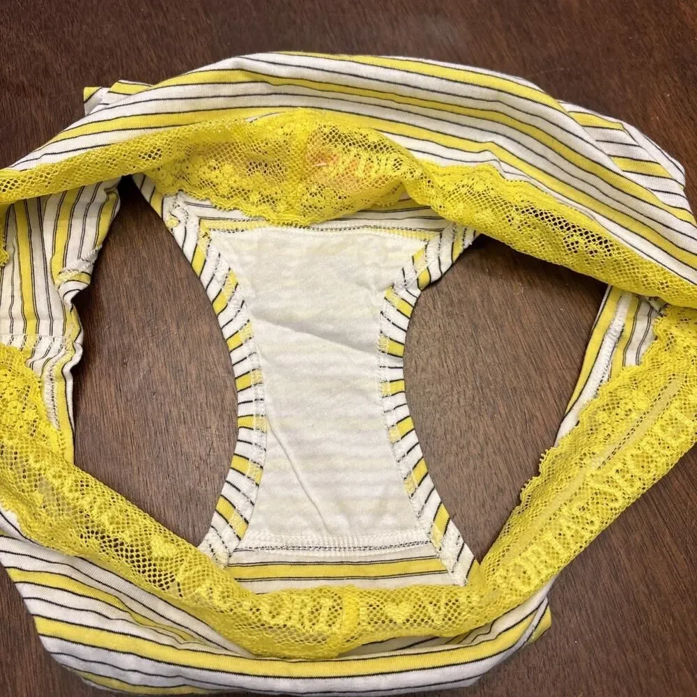 Vintage NEW Victorias Secret Bikini yellow and white striped black lines Size LG